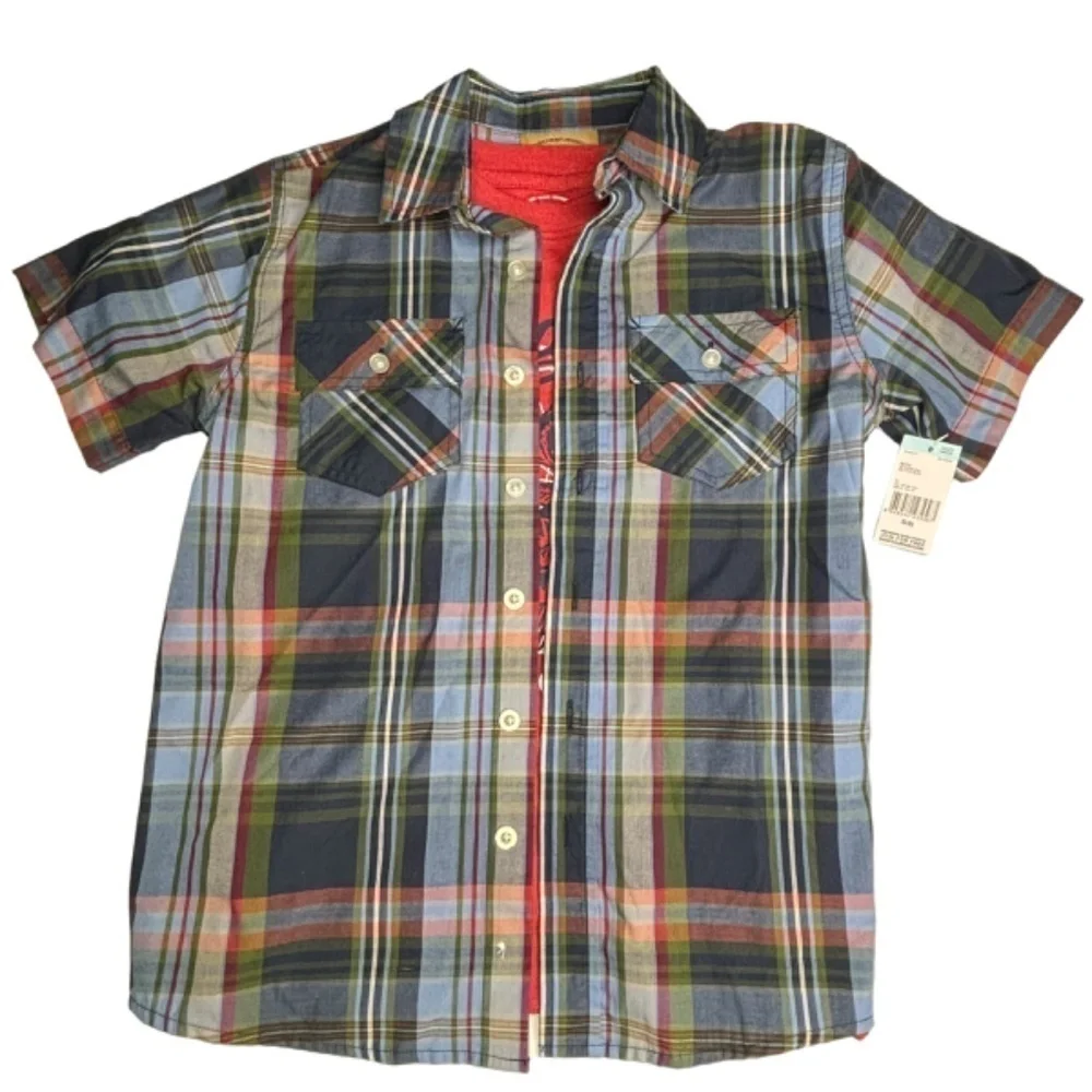 Roebuck & Co‎ Boys Tops Sz Small Plaid Short Sleeve Button Down and T Shirt Set